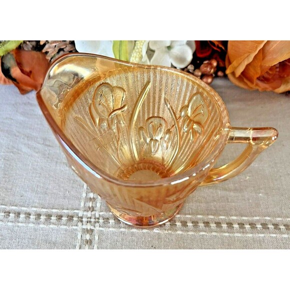 Jeannette Carnival Glass Creamer Orange Iridescent Irises and Herringbone Patter - Picture 1 of 3